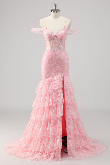 Różowy Syrenka Gorset Koronkowe Długa Sukienki Na Studniówke z Falbankami